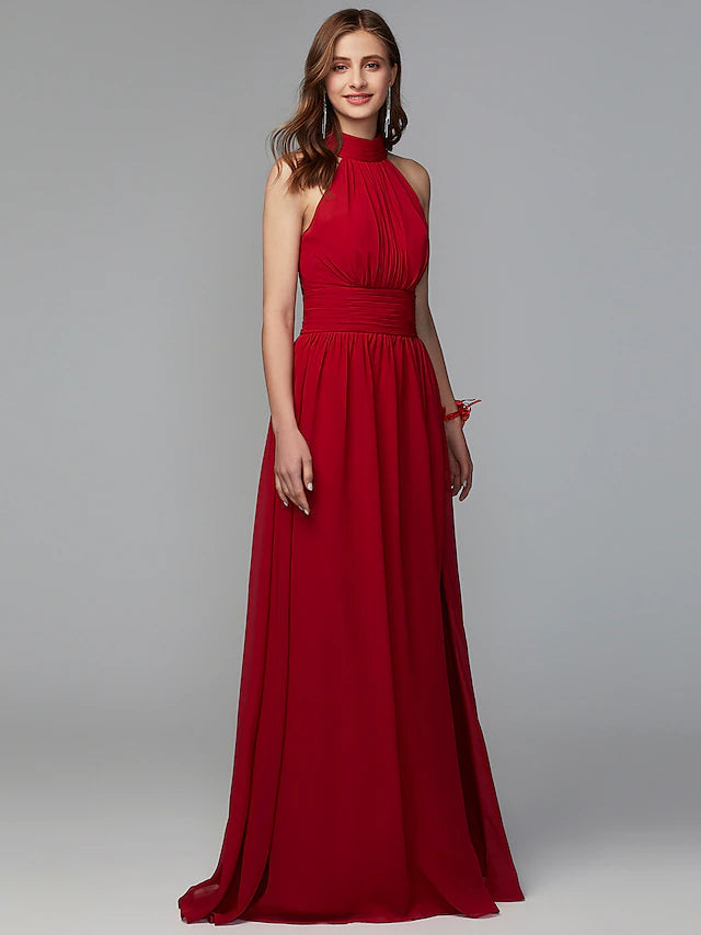 Luolandi A-Line Bridesmaid Dress High Neck Sleeveless Furcal Floor Length Chiffon with Pleats / Split